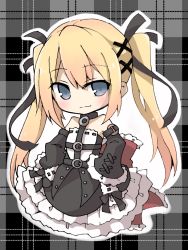  1girl artist_request blonde_hair blue_eyes blush chibi dead_or_alive detached_sleeves frills gothic_lolita hair_ribbon lolita_fashion long_hair looking_at_viewer marie_rose smile twintails very_long_hair  rating:Sensitive score:14 user:hellarmy