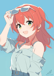  1girl absurdres adjusting_eyewear aqua_background arm_up artist_logo artist_name blue_pants bocchi_the_rock! commentary_request earrings eyewear_on_head green_eyes grey_shirt hair_between_eyes heart heart_earrings highres jewelry kita_ikuyo looking_at_viewer medium_hair minusk9 off-shoulder_shirt off_shoulder one_side_up open_mouth pants red_hair shirt simple_background smile solo upper_body white-framed_eyewear 