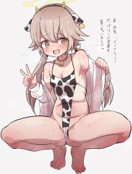  1girl animal_ears animal_print bell blue_archive blush breasts cameltoe cardigan commentary_request cow_ears cow_print cowbell ear_tag fake_animal_ears fake_horns grey_background hair_between_eyes halo hifumi_(blue_archive) highres horns light_brown_hair long_hair long_sleeves looking_at_viewer neck_bell one-piece_swimsuit open_mouth print_swimsuit simple_background small_breasts solo spread_legs squatting swimsuit taitanic6242 teeth tiptoes toes translation_request twintails upper_teeth_only v white_cardigan yellow_eyes yellow_halo 
