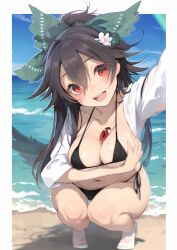  1girl absurdres ai-assisted bad_perspective beach bikini black_bikini black_hair bow breasts cleavage commentary_request flower full_body green_bow hair_between_eyes hair_bow hair_flaps hair_flower hair_ornament highres horizon large_breasts long_hair navel open_mouth red_eyes reiuji_utsuho shirt socks solo squatting swimsuit teeth tetsurou_(fe+) third_eye touhou upper_teeth_only white_flower white_shirt white_socks wings 