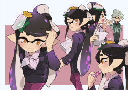  2girls black_hair callie_(splatoon) commentary cousins english_commentary food food_on_head gomipomi green_hair inkling lipstick long_hair makeup marie_(splatoon) multiple_girls nintendo object_on_head official_alternate_costume pointy_ears splatoon_(series) splatoon_3 star-shaped_pupils star_(symbol) symbol-shaped_pupils tentacle_hair yellow_eyes 