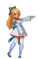  1girl blonde_hair blue_footwear breasts dark-skinned_female dark_skin detached_sleeves dress elf full_body gold_trim hair_ribbon hand_up high_ponytail hololive long_hair looking_to_the_side medium_breasts multicolored_hair pixel_art pleated_dress pointy_ears red_eyes ribbon shadow shiranui_flare shiranui_flare_(1st_costume) sidelocks sleeveless sleeveless_dress solo streaked_hair tengu_nouzu thighhighs transparent_background virtual_youtuber white_dress white_thighhighs  rating:General score:17 user:danbooru
