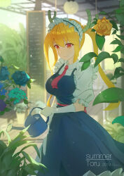  1girl black_dress blonde_hair dress english_text flower gloves horns kobayashi-san_chi_no_maidragon leaf looking_at_another shirt solo standing tohru_(maidragon) twintails user_uzjf22341228 white_gloves white_shirt  rating:General score:1 user:buster2222