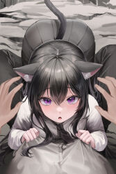 1boy 1girl :o absurdres all_fours animal_ear_fluff animal_ears black_hair black_skirt blurry cat_ears cat_girl cat_tail clothes_pull hair_between_eyes highres lillly long_hair long_sleeves looking_at_viewer necktie open_mouth original pants pleated_skirt pov pov_hands purple_eyes shirt shirt_grab skirt solo_focus tail tail_raised white_shirt rating:Sensitive score:42 user:danbooru