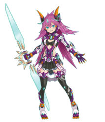 1girl android aqua_eyes armor black_leotard blush breasts cleavage_cutout clothing_cutout fangs full_body hexagon_print holding holding_weapon kurobuchi_numama large_breasts leotard long_hair mecha mecha_musume mechanical_parts original pink_hair polearm robot skirt smile spear spiked_hair thighhighs weapon white_background