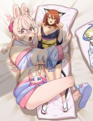  1girl animal_slippers braid bunny_slippers caught colress_(pokemon) creatures_(company) dakimakura_(object) game_freak hair_ornament highres hugging_object hunie_(series) huniepop looking_at_viewer lying momo_(huniepop) nico-mo nintendo on_side open_mouth phase_connect pillow pillow_hug pink_eyes pink_hair pipkin_pippa pokemon pokemon_bw2 rabbit_girl rabbit_hair_ornament slippers solo sweat virtual_youtuber 