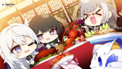  &gt;_&lt; 3girls :d ;d aether_gazer alcohol bare_shoulders black_gloves black_hair blurry blurry_background blurry_foreground blush braid character_request chibi commentary_request copyright_name cup depth_of_field drinking_glass dutch_angle food food_request glasses gloves grey_eyes grey_hair hair_between_eyes highres holding holding_cup indoors long_hair multiple_girls muuran official_art one_eye_closed open_mouth orange-tinted_eyewear pince-nez plate purple_eyes shirt short_eyebrows smile table thick_eyebrows tinted_eyewear white_shirt wine wine_glass xd 
