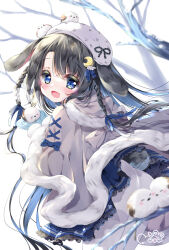  1girl :d animal animal_ears animal_on_head ass bird black_hair blue_eyes blue_skirt blush braid branch crescent crescent_hair_ornament frills fur_trim hair_ornament hat highres hood long_hair looking_at_viewer looking_back moco_ofuton on_head open_mouth original pantyhose rabbit_ears rabbit_tail signature skirt smile solo tail tree very_long_hair white_beret white_pantyhose 