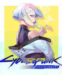  1girl absurdres bigroll blue_eyes blue_hair cigarette cyberpunk_(series) cyberpunk_edgerunners from_side hand_up highres holding holding_cigarette jacket looking_at_viewer lucy_(cyberpunk) multicolored_eyes multicolored_hair off-shoulder_jacket off_shoulder parted_lips pink_eyes pink_hair rainbow_eyes rainbow_hair red_lips sideways_glance simple_background solo upper_body white_background white_jacket yellow_background 