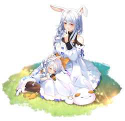  absurdres aged_down animal_ear_fluff animal_ears apron bare_shoulders black_gloves black_shirt black_thighhighs blue_hair blush bow braid carrot_hair_ornament closed_eyes commentary detached_sleeves don-chan_(usada_pekora) dress eki_doki finger_to_mouth food-themed_hair_ornament fur-trimmed_dress fur-trimmed_footwear fur-trimmed_gloves fur_trim gloves grass hair_ornament hand_on_another&#039;s_head highres hololive lap_pillow long_hair mary_janes mature_female mother_and_daughter multicolored_hair off_shoulder pantyhose pekomama pekomon_(usada_pekora) puffy_sleeves rabbit rabbit_ears rabbit_girl red_eyes ribbon shirt shoes signature simple_background single_braid sleeping smile thighhighs twin_braids two-tone_hair usada_pekora usada_pekora_(1st_costume) virtual_youtuber white_background white_dress white_footwear white_hair yellow_bow yellow_ribbon  rating:Sensitive score:16 user:danbooru