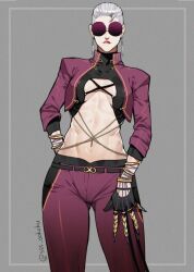  1girl a.k.i._(street_fighter) asymmetrical_hair biting_own_lip breasts claw_(weapon) claw_ring cleavage earrings glasses grey_hair hair_pulled_back jewelry looking_at_viewer mole mole_under_mouth no_bra official_alternate_costume official_alternate_hairstyle opaque_glasses pale_skin red_lips round_eyewear shrug_(clothing) sidecut solo sss_ookoku street_fighter street_fighter_6 sunglasses tassel tassel_earrings toned toned_female undercut weapon 