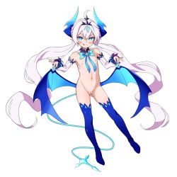  +_+ 1girl ahoge bad_id bad_pixiv_id blue_eyes blush cleft_of_venus detached_sleeves elsword flat_chest highres horns jinani licking_lips loli long_hair looking_at_viewer low_wings luciela_r._sourcream navel nipples noblesse_(elsword) nude pointy_ears pussy silver_hair smile solo thighhighs tongue tongue_out twintails uncensored white_background wings  rating:Explicit score:154 user:danbooru