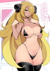 1girl areola_slip bikini black_bikini black_thighhighs blonde_hair breasts cleavage collarbone cowboy_shot creatures_(company) curvy cynthia_(pokemon) finger_to_mouth game_freak hair_ornament hair_over_one_eye highres large_breasts long_hair nac000 narrow_waist navel nintendo parted_lips pokemon pokemon_dppt simple_background smile solo stomach swimsuit thick_thighs thighhighs thighs very_long_hair wide_hips yellow_eyes rating:Questionable score:116 user:JustHere4Butts
