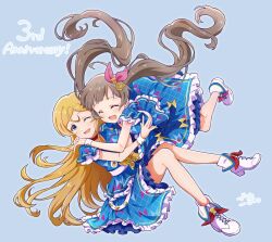  2girls :d ;d \||/ ahoge anniversary bare_arms bare_legs blonde_hair blue_background blue_dress blue_eyes blue_ribbon blush boots breasts brown_hair butterfly_ornament choker closed_eyes commentary_request cross-laced_footwear dress english_text floating floating_hair footwear_ribbon frilled_dress frilled_sleeves frills full_body goma_konbu grid_print hair_ornament hair_ribbon hakozaki_serika heads_together heart heart_hair_ornament highres hug idolmaster idolmaster_million_live! idolmaster_million_live!_theater_days knees_up layered_dress long_hair looking_at_another matching_outfits medium_breasts multicolored_clothes multicolored_dress multiple_girls one_eye_closed open_mouth parted_bangs petticoat pink_ribbon raised_eyebrows red_choker red_ribbon ribbon shinomiya_karen short_sleeves simple_background smile thick_eyelashes translation_request twintails very_long_hair white_footwear white_wrist_cuffs wrist_cuffs 