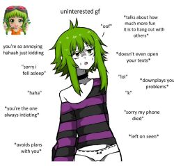  1girl black_choker black_sweater choker commentary cowboy_shot english_commentary english_text green_eyes green_hair gumi microsoft_paint_(medium) no_pants open_mouth panties peqermint purple_sweater reference_inset short_hair short_hair_with_long_locks simple_background single_bare_shoulder single_off_shoulder solo standing striped_clothes striped_sweater sweat sweater two-tone_sweater underwear vocaloid white_background white_panties 