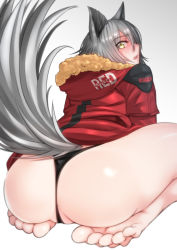  1girl animal_ears anus anus_peek arknights ass bare_legs barefoot black_panties blouse blush feet female_focus from_behind full_body fur-trimmed_hood fur_trim grey_hair grey_shirt hair_between_eyes highres hood hood_down hooded_jacket jacket long_hair looking_at_viewer mixed-language_commentary no_pants open_mouth panties partially_visible_vulva projekt_red_(arknights) red_jacket seiza shirt short_sleeves sidelocks sitting soles tail thong toes underwear white_background wolf_ears wolf_girl wolf_tail yamauchi_(conan-comy) yellow_eyes  rating:Questionable score:77 user:danbooru