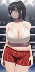 1girl arms_at_sides bare_arms bare_shoulders belly black_hair blurry blurry_background boxing_ring boxing_shorts breasts cleavage collarbone commentary_request commission cowboy_shot fat_rolls freckles heavy_breathing high_ponytail highres indoors large_breasts looking_at_viewer mil_k_vanilla muffin_top original parted_lips plump ponytail red_shorts see-through shiny_skin short_hair shorts sidelocks skeb_commission solo sports_bra stage_lights standing sweat veins veiny_breasts wet wet_clothes white_sports_bra yellow_eyes rating:Sensitive score:217 user:danbooru