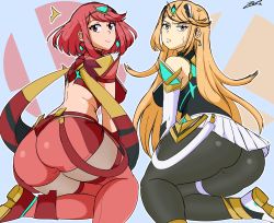  2girls absurdres anger_vein annoyed ass bare_legs bare_shoulders black_gloves blonde_hair breasts chest_jewel dress dual_persona earrings elbow_gloves expressionless female_focus fingerless_gloves gem gloves headpiece highres huge_ass jewelry large_breasts long_hair looking_back matching_hair/eyes multiple_girls mythra_(massive_melee)_(xenoblade) mythra_(xenoblade) nintendo pyra_(xenoblade) red_hair red_legwear red_shorts short_dress short_hair short_shorts shorts smash_invitation super_smash_bros. sweat swept_bangs thick_thighs thigh_strap thighhighs thighs tiara upskirt very_long_hair white_dress white_gloves xenoblade_chronicles_(series) xenoblade_chronicles_2 yellow_eyes zero_momentai  rating:Questionable score:53 user:armorcrystal