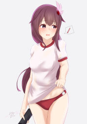 01021235 1girl absurdres blush breasts brown_hair buruma clothes_lift gym_uniform hair_ornament highres holding kantai_collection kisaragi_(kancolle) long_hair looking_to_the_side medium_breasts open_mouth ponytail red_buruma shirt shirt_lift short_sleeves speech_bubble spoken_thermometer sweat thermometer white_shirt
