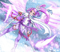  1girl asymmetrical_clothes bad_id bad_pixiv_id boots brooch cure_sword dokidoki!_precure dress dual_wielding dutch_angle earrings el_blanco feathers hair_ornament hairclip half_updo heart heart_brooch holding jewelry kenzaki_makoto looking_at_viewer ponytail precure purple_dress purple_eyes purple_footwear purple_hair purple_skirt purple_theme purple_thighhighs ribbon scarf short_hair skirt smile snow solo sword thigh_boots thighhighs weapon wings 