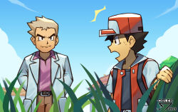  2boys artist_name belt black_belt black_eyes black_hair blonde_hair brown_pants building closed_mouth cloud coat collared_shirt commentary creatures_(company) day game_freak grass hat highres jacket lab_coat male_focus multiple_boys nintendo open_clothes open_coat open_jacket orlek outdoors pants pokemon pokemon_rgby purple_shirt red_(pokemon) red_hat samuel_oak shirt short_hair sky spiked_hair 