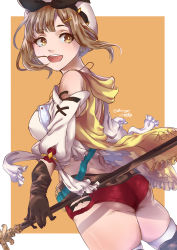 1girl ass atelier_(series) atelier_ryza bare_shoulders blush breasts brown_eyes brown_hair dhinyan from_behind gloves hair_ornament hair_ribbon hairclip hat highres large_breasts looking_at_viewer open_mouth red_shorts reisalin_stout ribbon shiny_clothes shiny_skin short_hair short_shorts shorts sideboob single_glove smile solo staff thighhighs rating:Questionable score:1 user:armorcrystal
