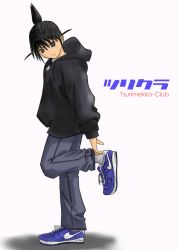  00s 1girl adjusting_clothes adjusting_shoe androgynous black_eyes black_hair full_body genshiken hood hoodie ogiue_chika shoes sidelocks simple_background sneakers solo standing standing_on_one_leg topknot white_background  rating:Questionable score:2 user:danbooru