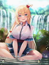  1girl akai_haato aqua_eyes blonde_hair blue_bra blue_skirt blurry blurry_background blush bra bra_visible_through_clothes breasts collared_shirt day hair_between_eyes hair_ornament hair_scrunchie highres hololive indian_style lace lace-trimmed_bra lace_trim large_breasts long_hair looking_at_viewer magowasabi outdoors partially_submerged scrunchie shirt sidelocks signature sitting skirt smile solo underwear very_long_hair virtual_youtuber water water_drop waterfall wet wet_clothes wet_shirt wet_skirt white_shirt 