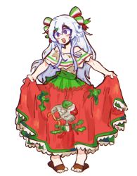  1girl :d chaika_trabant female_focus full_body highres hitsugi_no_chaika skirt_lift mexican_dress mexico open_mouth purple_eyes sandals simple_background smile solo thick_eyebrows white_hair  rating:General score:10 user:asololilvr