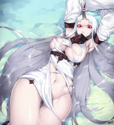 10s 1girl :&lt; abyssal_ship areola_slip armpits arms_up artist_name breasts closed_mouth colored_skin detached_sleeves dress groin highres horns jjune kantai_collection large_breasts long_hair long_sleeves looking_at_viewer lying lying_on_water navel no_panties on_back palette_(object) partially_submerged red_eyes ribbed_dress seaport_princess single_horn skindentation solo stomach thighs torn_clothes torn_dress very_long_hair white_dress white_hair white_skin wide_sleeves rating:Questionable score:90 user:danbooru