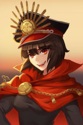 1girl absurdres alternate_hair_length alternate_hairstyle black_hair black_shirt blunt_bangs breasts cape chain commentary_request fate_(series) gaoyang_ou_nisang grin hat highres koha-ace looking_at_viewer medium_breasts oda_nobunaga_(fate) oda_nobunaga_(koha-ace) parted_lips red_cape red_eyes shirt short_hair short_sleeves smile solo upper_body rating:Sensitive score:11 user:danbooru