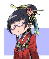  1girl bell bell_earrings black_hair blue-framed_eyewear closed_mouth commentary_request earrings etrian_odyssey frown glasses hair_ornament hair_stick japanese_clothes jewelry kimono napier nemakichi purple_background red_kimono sekaiju_no_meikyuu sekaiju_no_meikyuu_3 short_hair simple_background solo two-tone_background white_background 