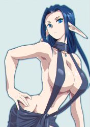  bare_shoulders blue_eyes blue_hair breasts dress hand_on_own_hip large_breasts long_hair original pointy_ears revealing_clothes sideboob solo yagisaka_seto 