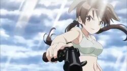  1girl animated anime_screenshot ass breasts brown_eyes brown_hair butt_crack character_request cleavage close-up dog_tail gun large_breasts legs looking_at_viewer low_twintails navel panties pointing_gun screencap smile solo sports_bra strike_witches tagme tail thighs twintails underwear video weapon world_witches_series 