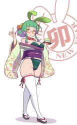 1girl alternate_costume alternate_hairstyle animal_ears bespectacled blunt_bangs blush bow bowtie breasts chinese_zodiac cleavage closed_mouth fake_animal_ears full_body furisode glasses green_kimono green_leotard hair_bun hair_ornament happy_new_year highleg highleg_leotard highres holding holding_tray japanese_clothes kanzashi kimono kimutomo_2 large_breasts leotard looking_at_viewer new_year rabbit_ears red_bow red_bowtie sandals short_kimono sidelocks simple_background single_hair_bun smile solo strapless strapless_leotard thighhighs thighs toothpick touhoku_zunko tray voiceroid w_arms wa_bunny walking white_background white_thighhighs wide_hips wide_sleeves year_of_the_rabbit zouri zunda_mochi 