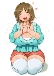 10s 1girl artist_request blush breasts brown_hair cleavage closed_eyes curvy dot_nose female_focus flower full_body hair_flower hair_ornament happy heart huge_breasts idolmaster idolmaster_cinderella_girls ikinari_mojio jewelry mimura_kanako necklace open_mouth own_hands_clasped own_hands_together plump red_shorts seiza shadow shiny_clothes shiny_skin shirt short_hair short_shorts shorts simple_background sitting smile solo sparkle taut_clothes taut_shirt thick_thighs thighhighs thighs white_background white_thighhighs wide_hips wide_sleeves rating:Sensitive score:110 user:danbooru