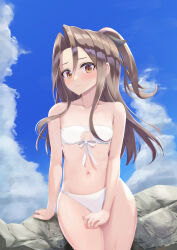  1girl bikini blue_sky breasts brown_eyes cloud commentary_request cowboy_shot front-tie_bikini_top front-tie_top grey_hair high_ponytail highres kantai_collection ochikata_kage rock sitting sky small_breasts solo strapless strapless_bikini swimsuit translation_request white_bikini zuihou_(kancolle) 