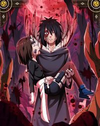  1boy 1girl black_hair blood blood_on_face blood_on_hands blood_on_mouth brown_hair cloak corpse facial_mark forehead_protector frown lifting_person looking_at_viewer naruto_(series) nohara_rin official_art one_eye_closed scar scar_on_face short_hair spiked_hair traumatized uchiha_obito 
