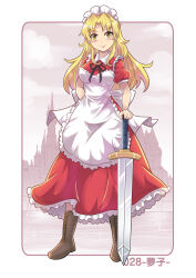  1girl apron arm_behind_back blonde_hair boots bow breasts castle colonel_aki commentary_request full_body hair_intakes large_breasts long_hair maid maid_apron maid_headdress planted planted_sword planted_weapon puffy_short_sleeves puffy_sleeves short_sleeves smile solo sword touhou translation_request weapon yellow_eyes yumeko_(touhou) 