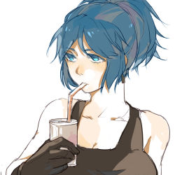 1girl alternate_hairstyle apple_juice bad_id bad_pixiv_id bare_shoulders black_gloves blue_eyes blue_hair breasts can cleavage drink drinking drinking_straw gloves juice large_breasts leona_heidern long_hair matching_hair/eyes ponytail shuang9705 solo tank_top the_king_of_fighters updo