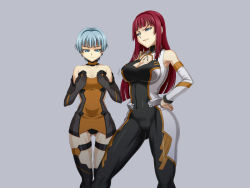  2girls android another_century&#039;s_episode another_century&#039;s_episode:_r autumn_four autumn_one banpresto blue_hair cleavage_cutout clothing_cutout detached_collar detached_sleeves gloves maroon_hair multiple_girls red_hair short_hair thighhighs 