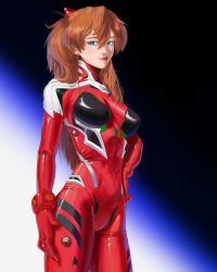  1girl absurdres alternate_breast_size arm_at_side armored_bodysuit blue_eyes bodysuit breasts brown_hair commentary english_commentary hand_on_own_hip highres interface_headset large_breasts long_hair looking_at_viewer messy_hair multicolored_bodysuit multicolored_clothes neon_genesis_evangelion plugsuit red_bodysuit red_lips reiss_art skin_tight solo souryuu_asuka_langley standing test_plugsuit two_side_up 