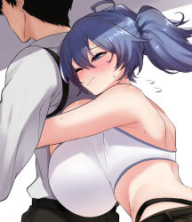 1boy 1girl absurdres black_hair blue_eyes blue_hair borrowed_character breast_press breasts breasts_on_another&#039;s_back crop_top faceless faceless_male highres hug hug_from_behind huge_breasts midriff naze one_eye_closed original ricochet-gou shirt simple_background standing sweat twintails whale_tail_(clothing) white_shirt rating:Sensitive score:209 user:danbooru