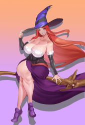  bare_shoulders breasts detached_sleeves dragon&#039;s_crown hat highres huge_breasts kingyozika long_hair red_hair sorceress_(dragon&#039;s_crown) thighs witch_hat  rating:Sensitive score:25 user:dahkra