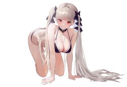  absurdres all_fours artist_request azur_lane bikini breasts cleavage closed_mouth formidable_(azur_lane) highres large_breasts long_hair looking_at_viewer red_eyes shiny_hiar shiny_skin simple_background smile swimsuit twintails white_background white_hair  rating:Sensitive score:20 user:Uploadurr