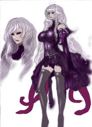  1girl alipheese_fateburn_i black_sclera breasts closed_mouth colored_sclera commentary_request crown dress elbow_gloves feet_out_of_frame fishnet_thighhighs fishnets gloves grey_hair humanization impossible_clothes inset large_breasts long_hair looking_at_viewer mon-musu_quest! monster_girl naglfar naglfar_sakura panties partial_commentary pointy_ears purple_dress purple_gloves purple_lips purple_panties red_eyes sidelocks sketch skindentation sleeveless sleeveless_dress slit_pupils snake solo standing thighhighs underwear very_long_hair white_background 