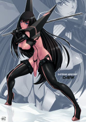  10s 1girl black_hair blue_eyes boots breasts breasts_out flaccid full_body futanari high_heel_boots high_heels highres kill_la_kill kiryuuin_satsuki large_breasts lips long_hair looking_at_viewer penis puffy_nipples pupuliini solo standing sword testicles thigh_boots thighhighs tk83 uncensored very_long_hair weapon 