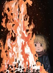  1girl black_background black_jacket blonde_hair bonfire commentary_request eye_reflection fire floating_hair green_sweater highres jacket long_sleeves open_clothes open_jacket original parted_lips red_scarf reflection ribbed_sweater scarf short_hair simple_background solo sparks sweater upper_body yoshiaki_(yosiaki02) 