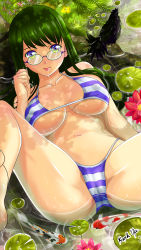 1girl absurdres aqua_nails artist_name ass bikini bird blue_bikini blue_eyes breasts cameltoe chicken covered_erect_nipples fish flower glasses green_eyes green_hair highres lily_pad long_hair lying multicolored_eyes nail_polish nature navel on_back original partially_submerged rooster saliva solo spread_legs striped_bikini striped_clothes swimsuit tan_(knock_up) tongue tongue_out wet white_bikini