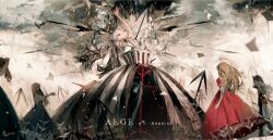  5girls abstract_background arms_up arrow_(projectile) artist_name bad_id bad_pixiv_id closed_eyes dress english_text long_hair multiple_girls original polearm qtonagi red_dress signature spear standing weapon white_hair 
